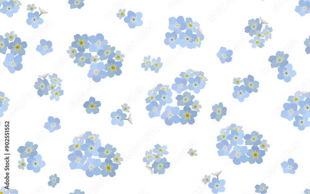 seamless pattern with forget-me-not flowers, delicate small blue flowers of Myosotis on a white background. Use for patterns on fabric, bed linen, greeting cards, posters, etc. Vector illustration seamless pattern with forget-me-not flowers, delicate small blue flowers of Myosotis on a white background. Use for patterns on fabric, bed linen, greeting cards, posters, etc. Vector illustration