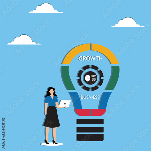 Present idea, explain solution or strategy, intelligence information, business insight for new opportunity, optimization concept, businesswoman presenting new lightbulb idea with graph and chart