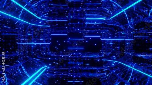 Vj loop neon room. Mirror room with neon light. Abstract festive bg with bright reflection. Dark room disco lights. Seamless looped bg with neon light. Night club bright neon style bg. Moving light