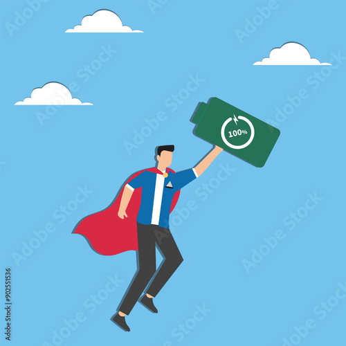 Full battery recharge, full energy to work or refresh from exhaustion, burnout recover, fuel employee or productive and efficient concept, energetic businessman superhero carry full recharge battery