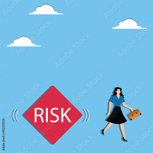 Risk averse, avoid or minimize risk, run away from uncertainty, fear or safety decision for investment, prefer security or stability concept, businesswoman investor run away from risk collapsing box