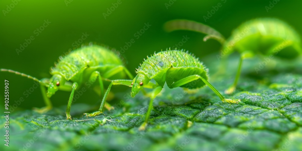 Fototapeta premium macro graphy of green aphids on a leaf - nature's tiny wonders.