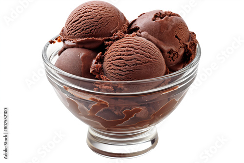 chocolate ice cream in glass bowl on white background
