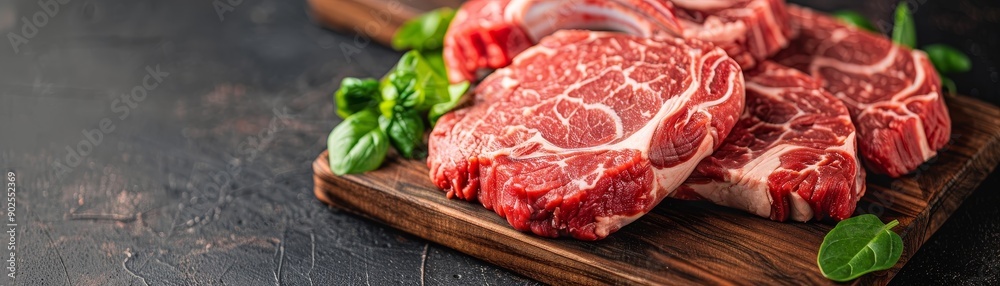 raw beef steaks on wooden cutting board with fresh greens - gourmet meat preparation for delicious dinner recipes. raw beef steaks on wooden cutting board with fresh greens - gourmet meat preparation for delicious dinner recipes.