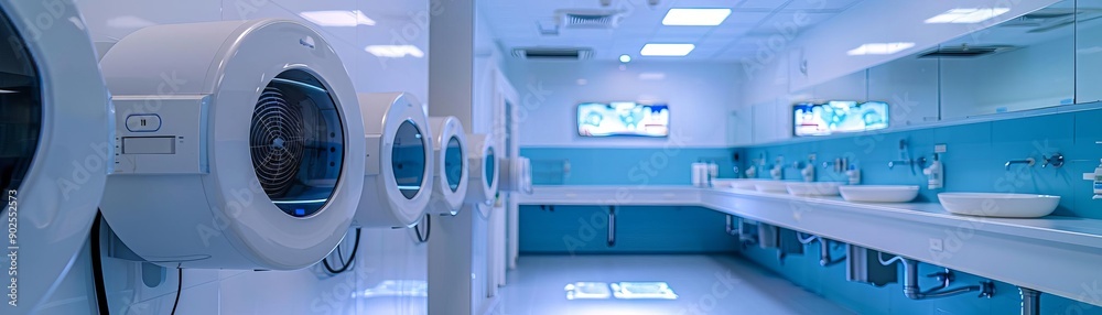 Pathogens on bathroom hand dryers, germs, bathroom, showing air-blown microbial spread Pathogens on bathroom hand dryers, germs, bathroom, showing air-blown microbial spread
