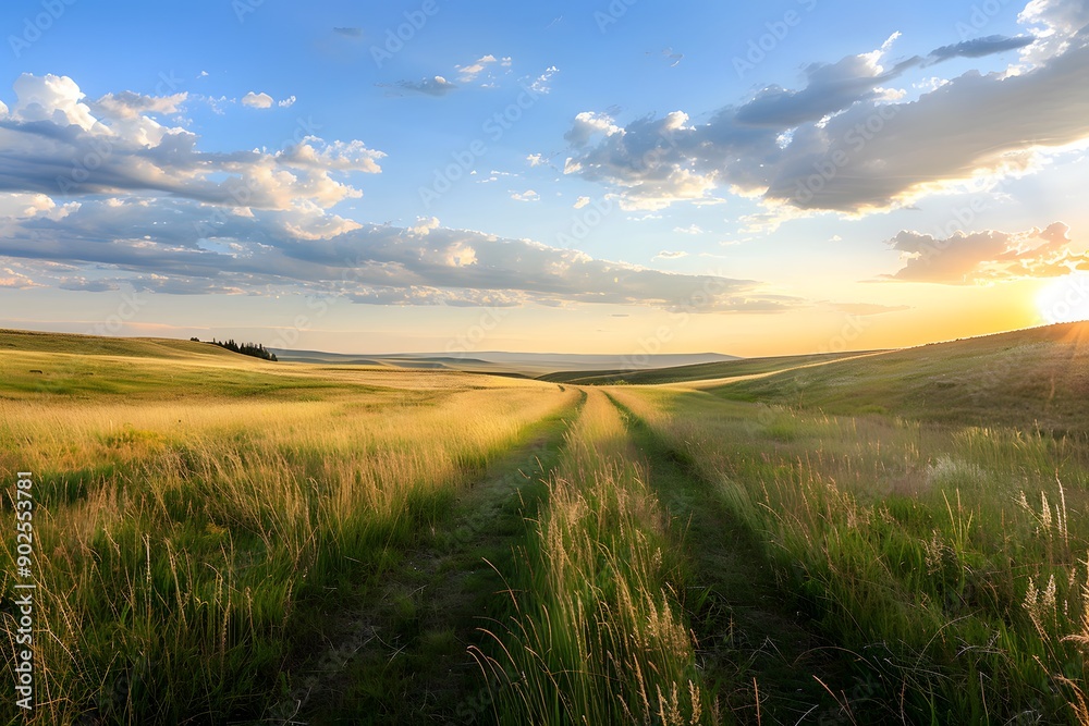 Scenic sunset over a tranquil green field with a winding dirt path. Scenic sunset over a tranquil green field with a winding dirt path.