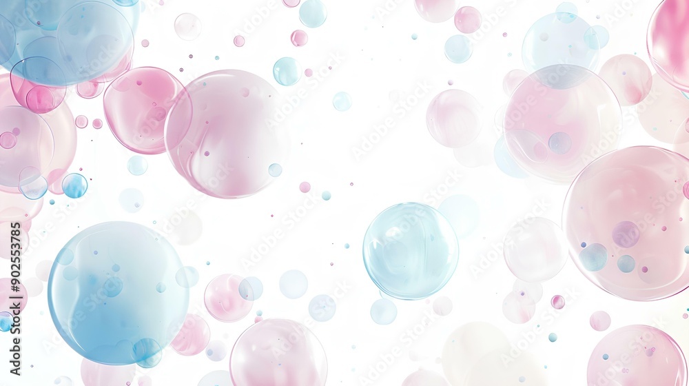 Obraz premium white background with pink and blue bubble floating in the air creating an atmosphere of softness and tranquility use for wallpaper or social media profile picture. Feel like love, happiness, calmness