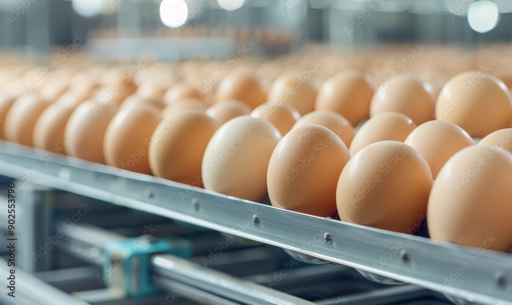 close-up of eggs moving along a conveyor belt in a modern egg processing facility. close-up of eggs moving along a conveyor belt in a modern egg processing facility.