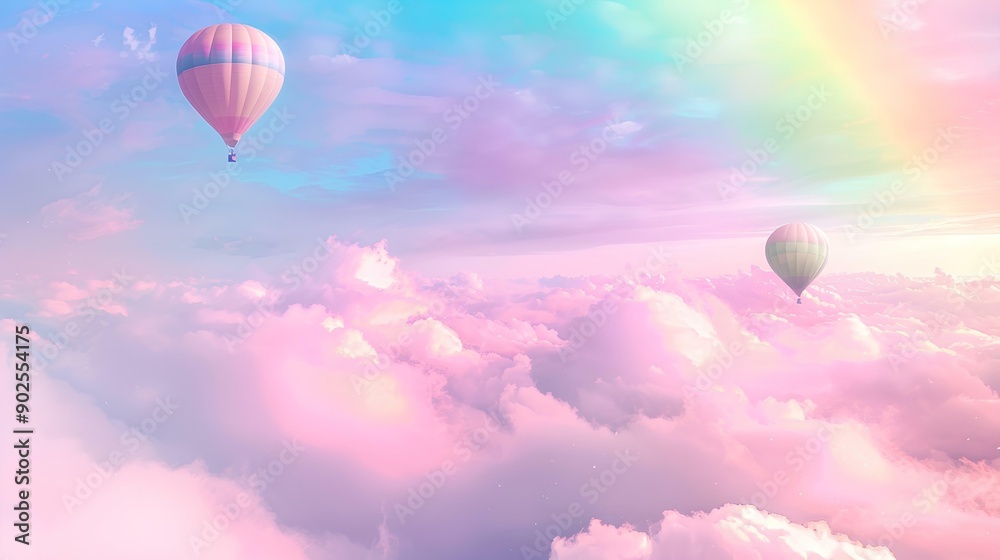 Fototapeta premium A serene pastel sky with soft clouds and a rainbow, featuring whimsical hot air balloons floating in the background, atmosphere of tranquility and fantasy
