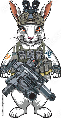 Cartoon style battle bunny rabbit in military gear
