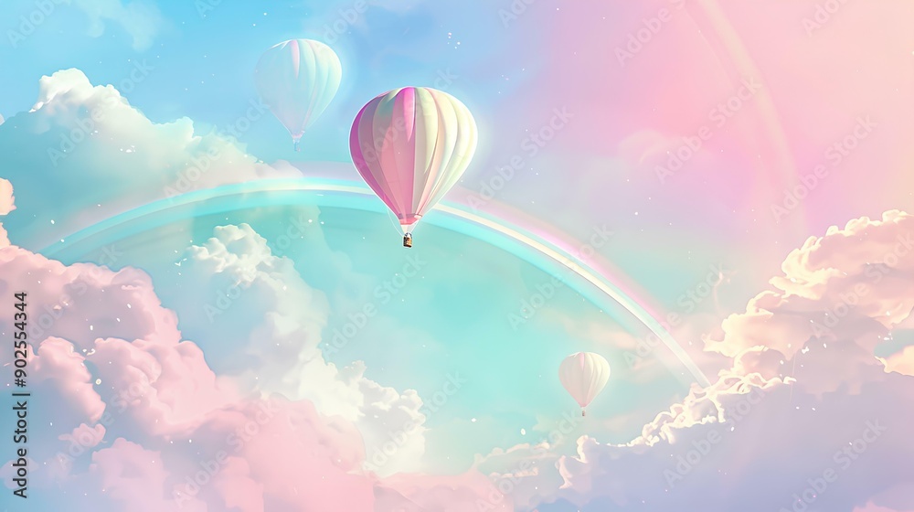 Obraz premium A serene pastel sky with soft clouds and a rainbow, featuring whimsical hot air balloons floating in the background, atmosphere of tranquility and fantasy