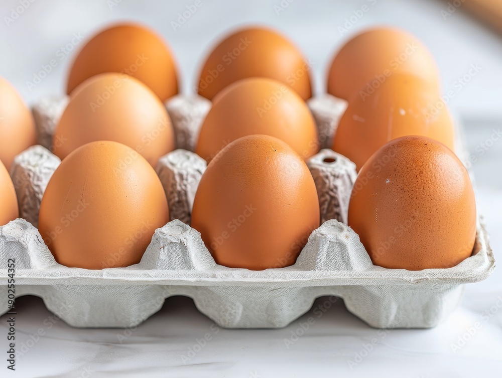 fresh brown eggs in cardboard carton on white marble countertop - close-up shot for breakfast or cooking theme fresh brown eggs in cardboard carton on white marble countertop - close-up shot for breakfast or cooking theme