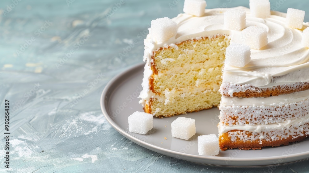 delicious vanilla cake with white frosting and sugar cubes on a gray plate delicious vanilla cake with white frosting and sugar cubes on a gray plate