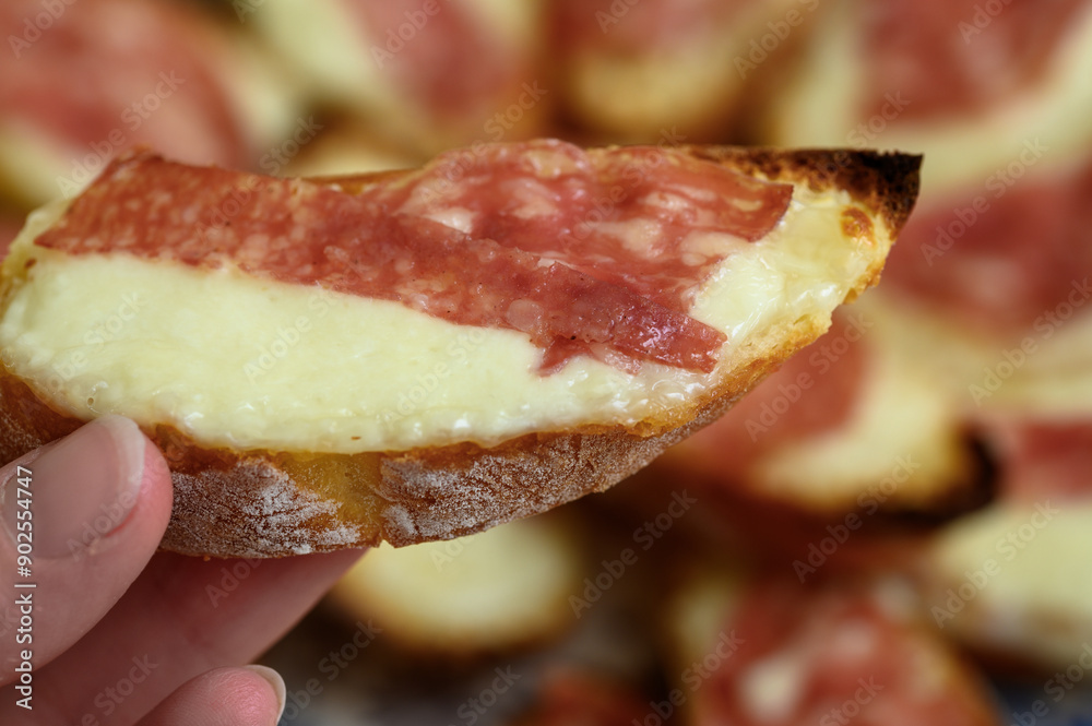 Zbliżenie na chrupiąca bagietkę z zapieczonym serem i salami