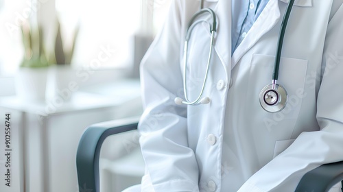 White doctor's coat with stethoscope hanging on chair in medical office, closeup, blurred background, copy space concept for business and healthy lifestyle. photo