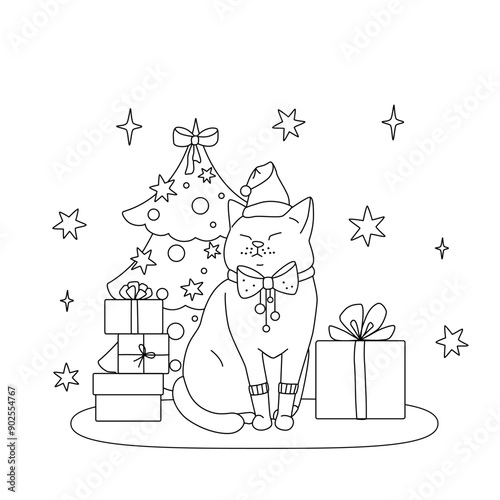 Cute coloring book with funny cat in Clause hat and Christmas tree. Simple black and white kids vector illustration