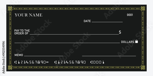 Bank check, blank money cheque, checkbook template. Currency payment coupon, money check background