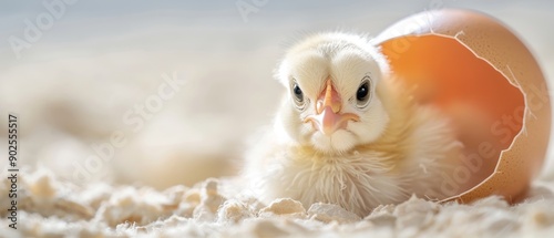 newborn chickling emerging from cracked eggshell with soft yellow feathers, white background, baby animal birth concept, easter theme graphy