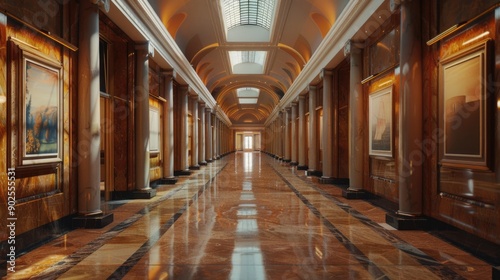 A long hallway with paintings on the walls