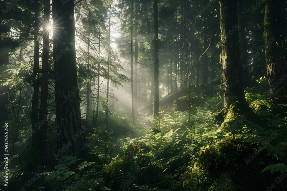 Obraz premium Serene forest scene with sunlight filtering through tall trees, creating a tranquil atmosphere.