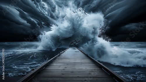 Close-up of a massive wave destroying a pier, more clarity with clear light and sharp focus, high detailed