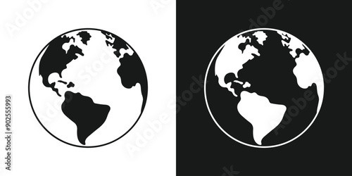 Planet earth flat design set black and white vector illustration