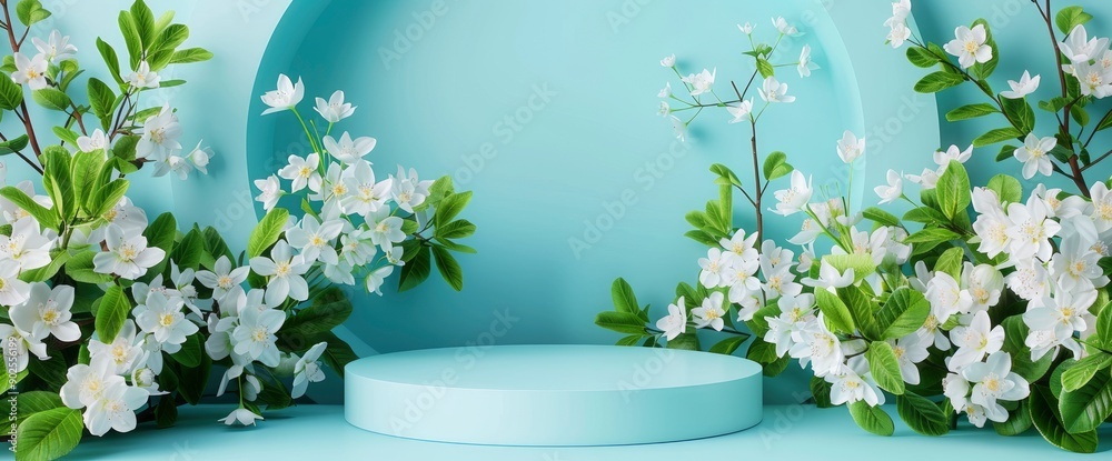 Blue Podium With Spring Flowers, Adding Freshness And Elegance Blue Podium With Spring Flowers, Adding Freshness And Elegance