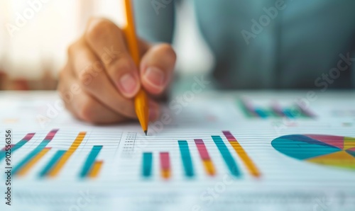 close-up of hand analyzing financial data with pencil and graphs - business strategy, financial planning, data analysis, investment, growth, success,