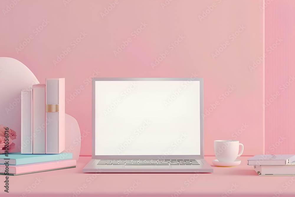 3D cartoon style with pastel colors, a laptop computer with a white screen and books on the table, a coffee cup for business concept 3D cartoon style with pastel colors, a laptop computer with a white screen and books on the table, a coffee cup for business concept