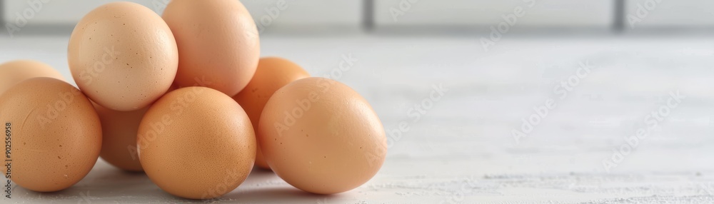 stack of brown eggs on white kitchen countertop - fresh, organic, and ready for breakfast or baking. stack of brown eggs on white kitchen countertop - fresh, organic, and ready for breakfast or baking.