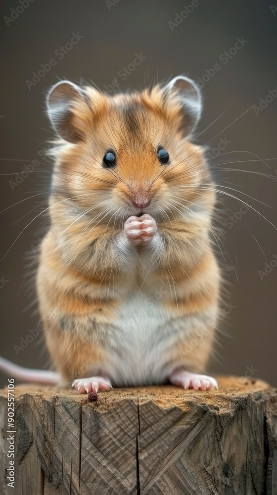 Cute Small Hamster Sitting on a Log With Its Paws Together in Nature Cute Small Hamster Sitting on a Log With Its Paws Together in Nature