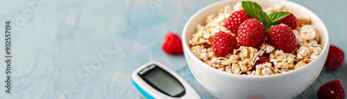 healthy breakfast with oatmeal, raspberries, and a blood sugar meter on a blue background.