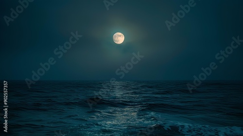 The full moon shines on the sea, the dark night sky is calm and quiet, reflecting shimmering light of white pearl in the ocean, creates an atmosphere filled with mystery and tranquility.