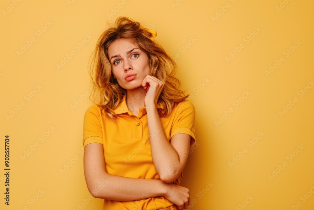 A woman posing for a photo wearing a bright yellow shirt A woman posing for a photo wearing a bright yellow shirt