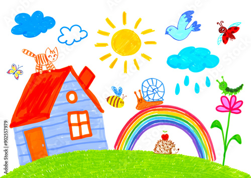 Felt pen hand drawn vector illustrations set of child drawing of summer landscape with house, rainbow, flowers and trees