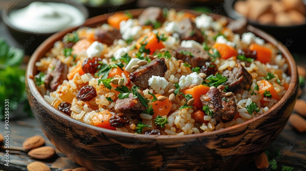 Qabili Palau - Rice dish with lamb, carrots, and raisins, topped with almonds and served with yogurt Qabili Palau - Rice dish with lamb, carrots, and raisins, topped with almonds and served with yogurt