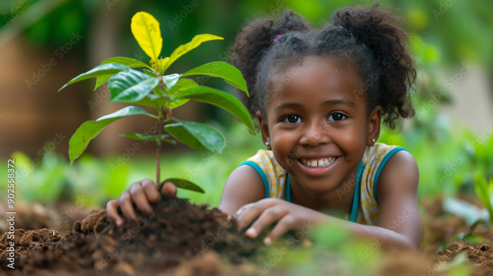 portrait of happy african girl planting tree in garden, child smiling and looking at camera while laying on ground
portrait of happy african girl planting tree in garden, child smiling and looking at camera while laying on ground