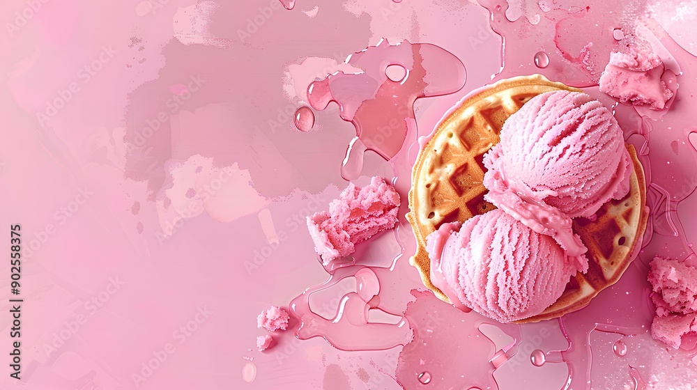 pink waffle ice cream background with brown dripping ice cream on top pink waffle ice cream background with brown dripping ice cream on top