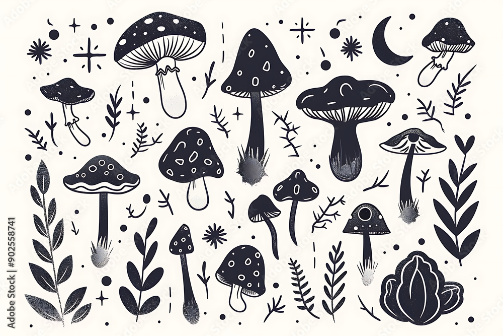 A group of black and white mushrooms arranged on a white surface
