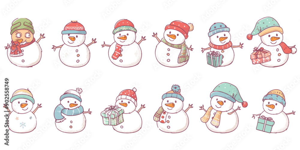 set of cute hand drawn snowman with different hats and , holding Christmas toys in their hands. The illustrations are in a simple flat clip art style with a white background set of cute hand drawn snowman with different hats and , holding Christmas toys in their hands. The illustrations are in a simple flat clip art style with a white background