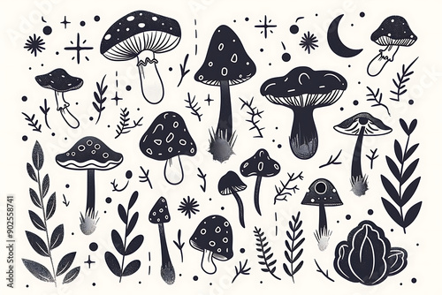 Obraz na płótnie A group of black and white mushrooms arranged on a white surface w salonie