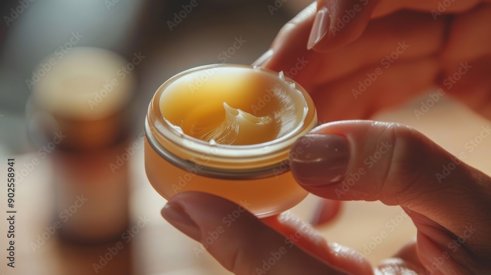Hands gently apply a natural homemade lip balm, showcasing a rich, creamy texture in warm kitchen lighting Hands gently apply a natural homemade lip balm, showcasing a rich, creamy texture in warm kitchen lighting