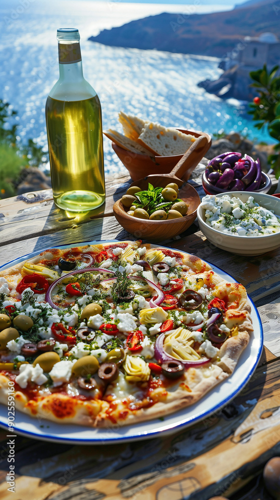 Gourmet pizza with artichoke, olives, cherry tomatoes, red onion, cheese and herbs Gourmet pizza with artichoke, olives, cherry tomatoes, red onion, cheese and herbs