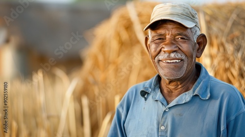 Elderly Farmer Smiling in Front of Golden Harvested Fields at Dusk