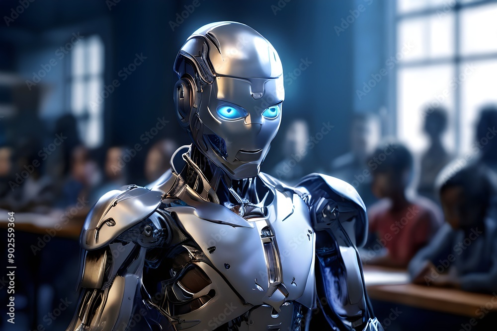 small, sleek humanoid robot with shiny silver limbs and glowing blue LED teaches children in a school. Future learning concept. small, sleek humanoid robot with shiny silver limbs and glowing blue LED teaches children in a school. Future learning concept.