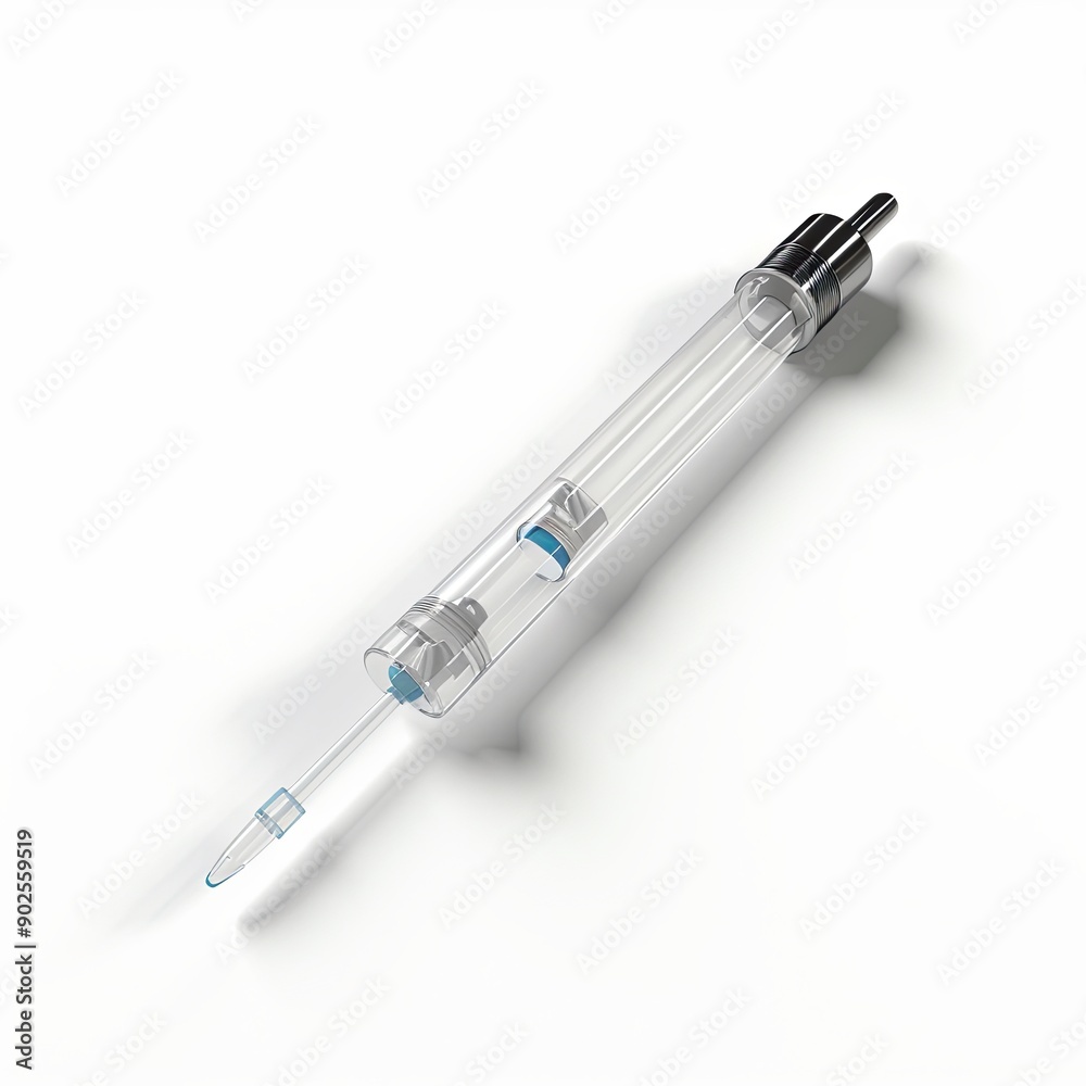 The syringe displays a black plastic body, glass barrel with markings, and sharp metal needle. Luer-Lok connection ensures precise injections. Perfect for medical visuals.