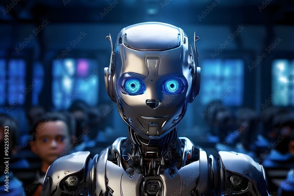 small, sleek humanoid robot with shiny silver limbs and glowing blue LED teaches children in a school. Future learning concept. small, sleek humanoid robot with shiny silver limbs and glowing blue LED teaches children in a school. Future learning concept.