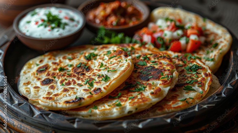 Qutab - Thin pancakes filled with ground lamb or herbs, served with yogurt and sumac, arranged on a traditional Azerbaijani plate Qutab - Thin pancakes filled with ground lamb or herbs, served with yogurt and sumac, arranged on a traditional Azerbaijani plate
