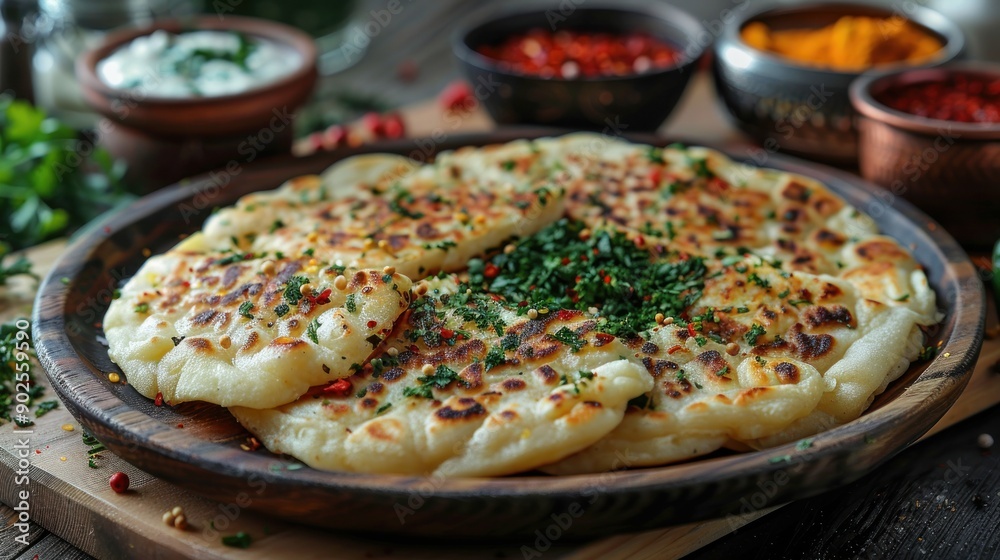 Qutab - Thin pancakes filled with ground lamb or herbs, served with yogurt and sumac, arranged on a traditional Azerbaijani plate Qutab - Thin pancakes filled with ground lamb or herbs, served with yogurt and sumac, arranged on a traditional Azerbaijani plate