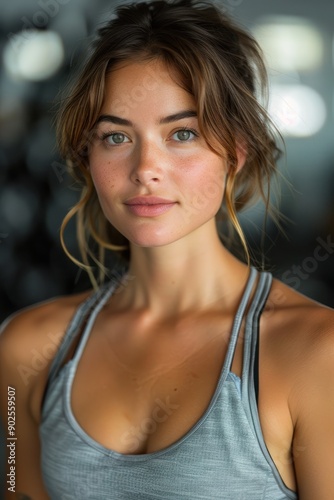 Cute woman 35 years old, wearing sportswear with minimal makeup, standing up and smiling at the camera in a gym with fitness equipment blurred in the background. Free Download Cute woman 35 years old, wearing sportswear with minimal makeup, standing up and smiling at the camera in a gym with fitness equipment blurred in the background. - GFXLoad